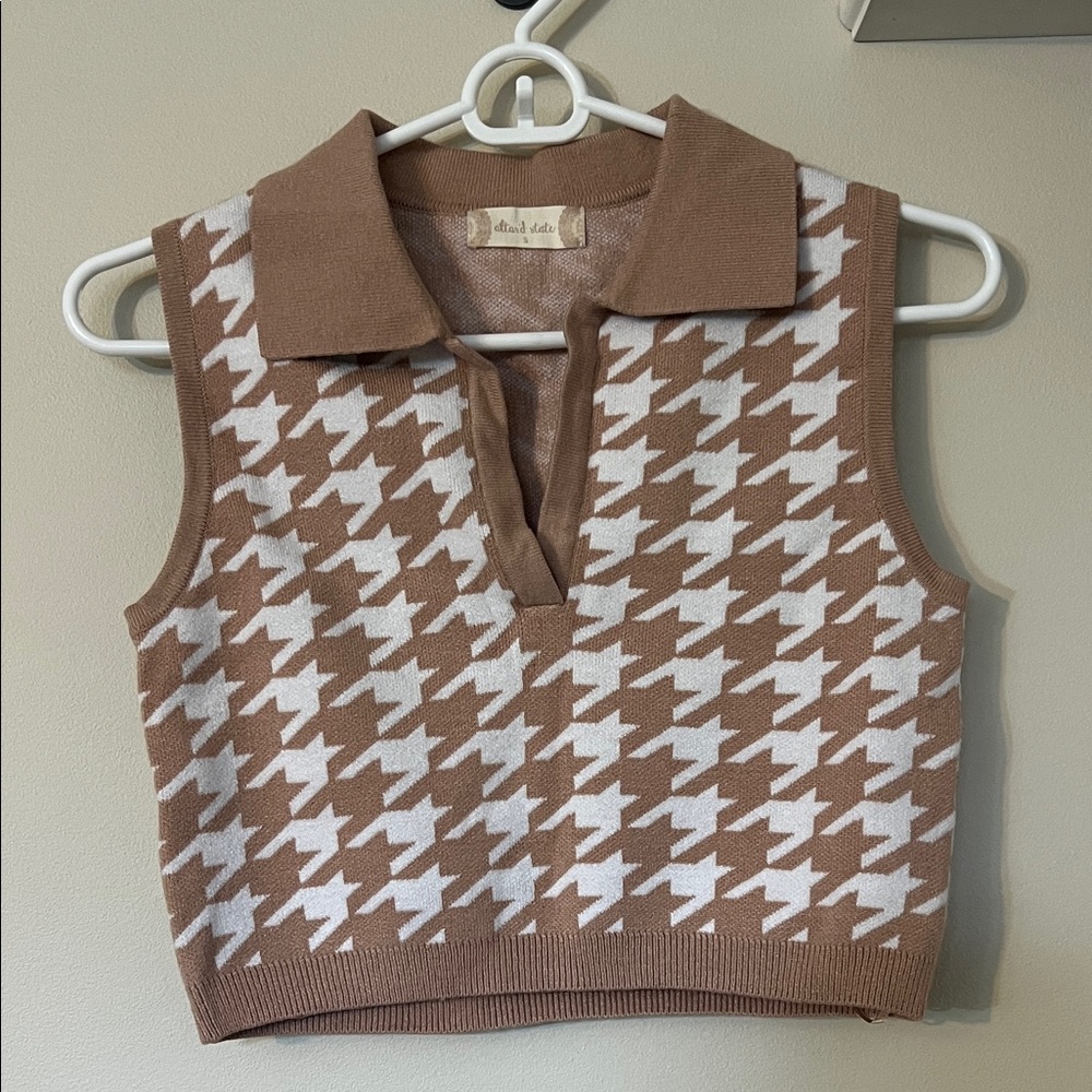 Houndstooth Knit Polo Tank - Brown & White from Altar'd State, women's small